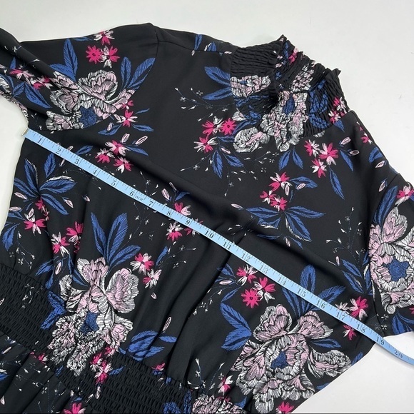 NANETTE LEPORE Black Mystic Blue Floral Smocked Mock Neck Chiffon High-Low Dress - Picture 15 of 16